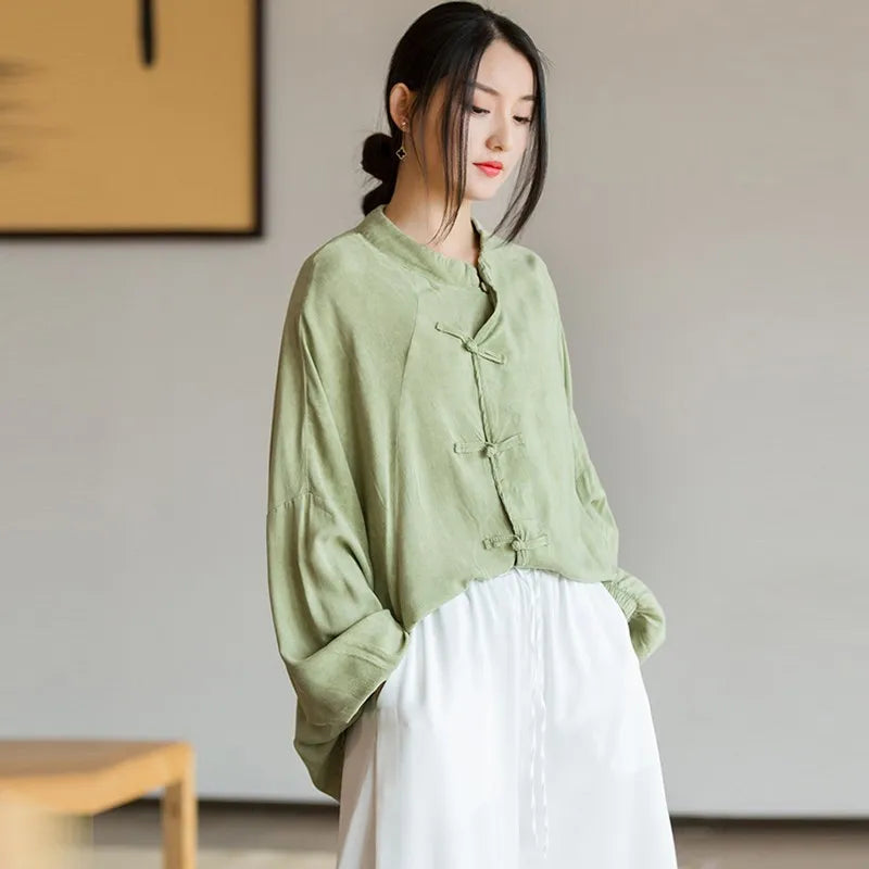 Chinese Style Women Long Sleeve Casual Shirt New Arrival 2024 Autumn Vintage Stand Collar Loose Female Basics Tops Shirts M249