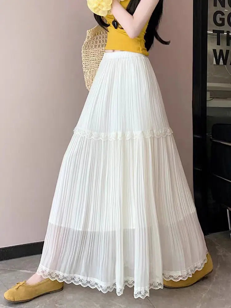 Summer High Waist Chiffon Pleated Skirt - Stretchy A-Line Flowy Midi Skirt with Lace Trim, Slimming Casual Long Skirt for Women