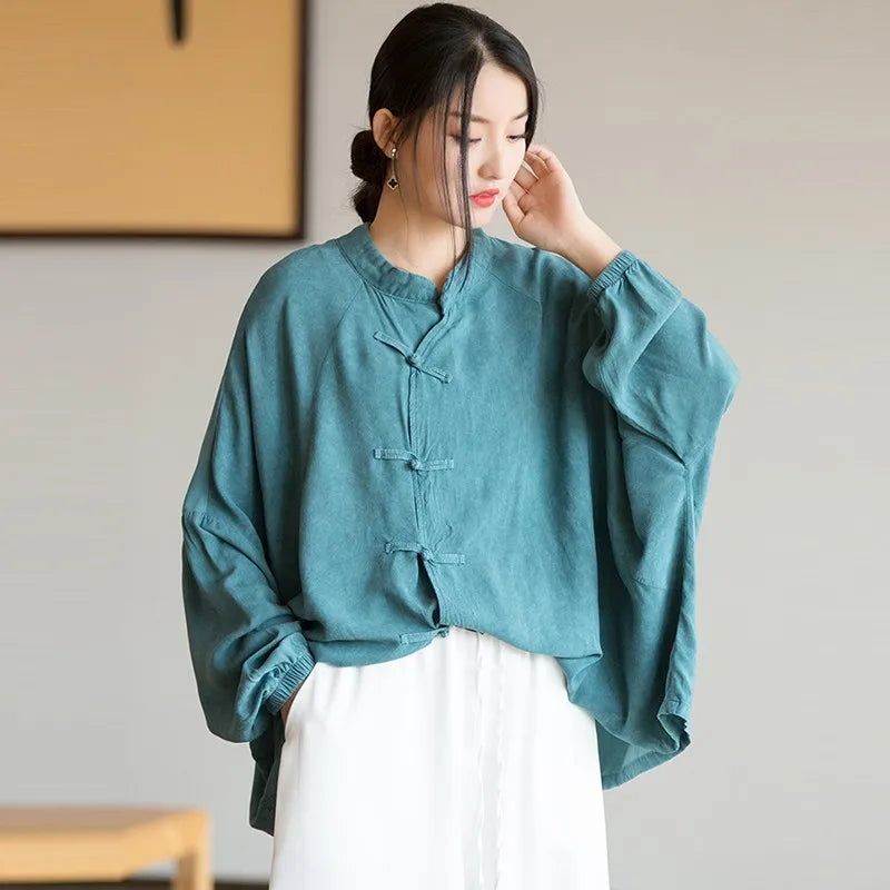 Chinese Style Women Long Sleeve Casual Shirt New Arrival 2024 Autumn Vintage Stand Collar Loose Female Basics Tops Shirts M249