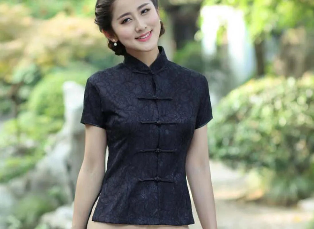 Wholesale Chinese Traditional Women Short Sleeve Jacket Satin Lace Tang Coat Casual T Shirt Slim Tops Blouse Size M L XL XXL 3XL