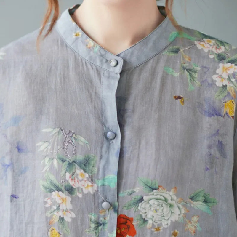 Women Cotton Linen Casual Shirts New Arrival 2021 Summer Vintage Floral Print Loose Female Short Sleeve Tops B733