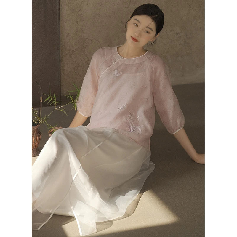 Ele Pink Embroidered ort Top for Women Vintage Chinese Sle Floral Tissue Gentle Spring Summer New Arrival Ladies' Clo...