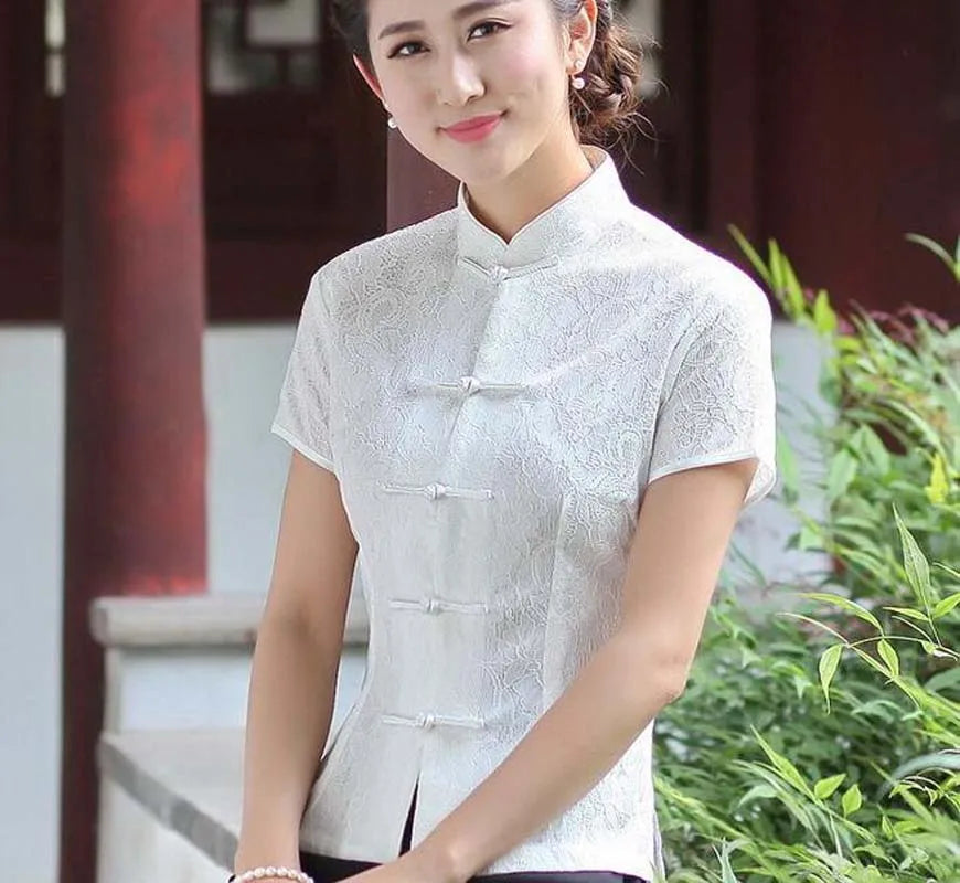Wholesale Chinese Traditional Women Short Sleeve Jacket Satin Lace Tang Coat Casual T Shirt Slim Tops Blouse Size M L XL XXL 3XL