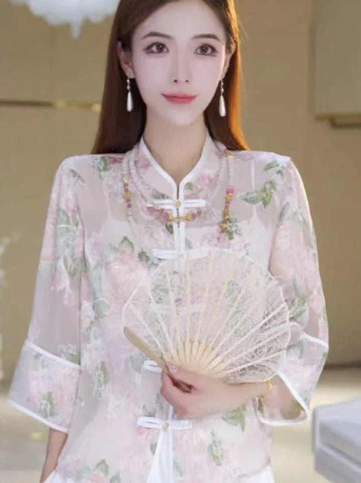 New Chinese Sle Thin awl Coat Button up irt Women Summer National Sle Sun Protection Light Veil Outerwear