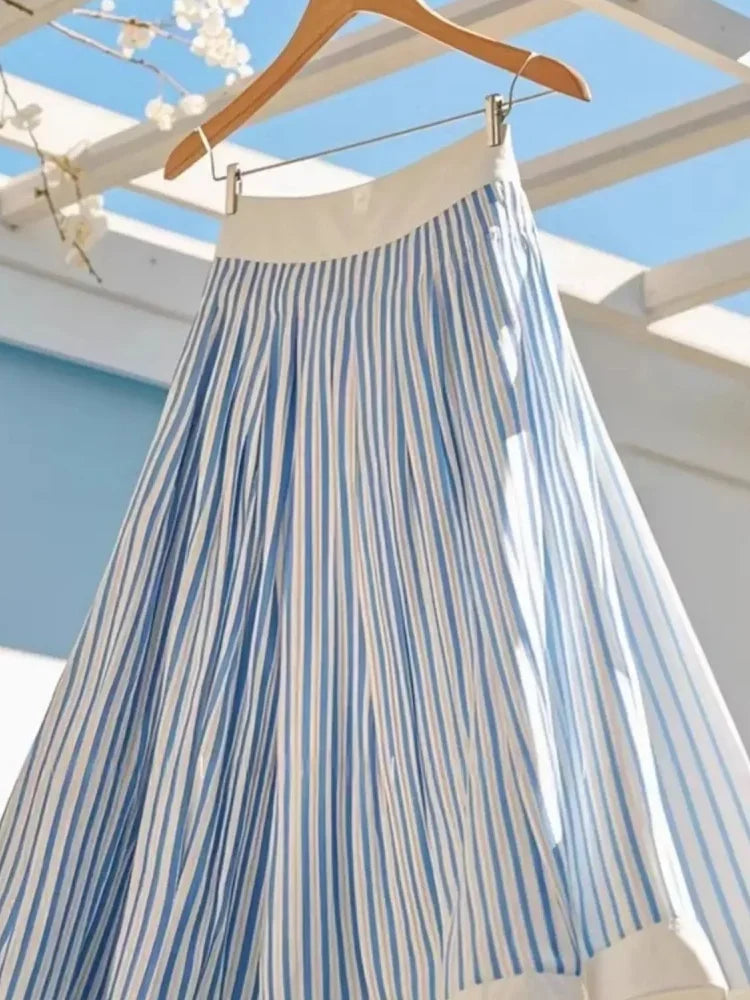 Casual Striped A Line Skirt Women Summer 2025 High Waist Pleated Midi Skirt Slim Fit Korean Chic Office Casual Fashion Outfit