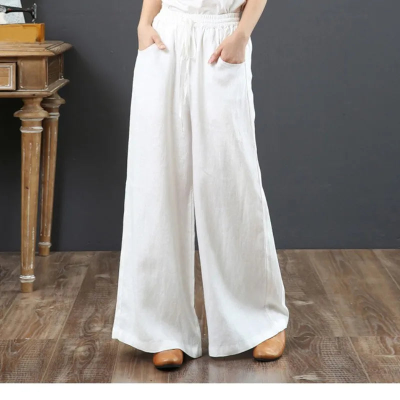 Summer Cotton Linen Wide Leg Pants for Women Straight Leg Pants Casual Straight Pants High Waist Trouses Long Pants with Pockets