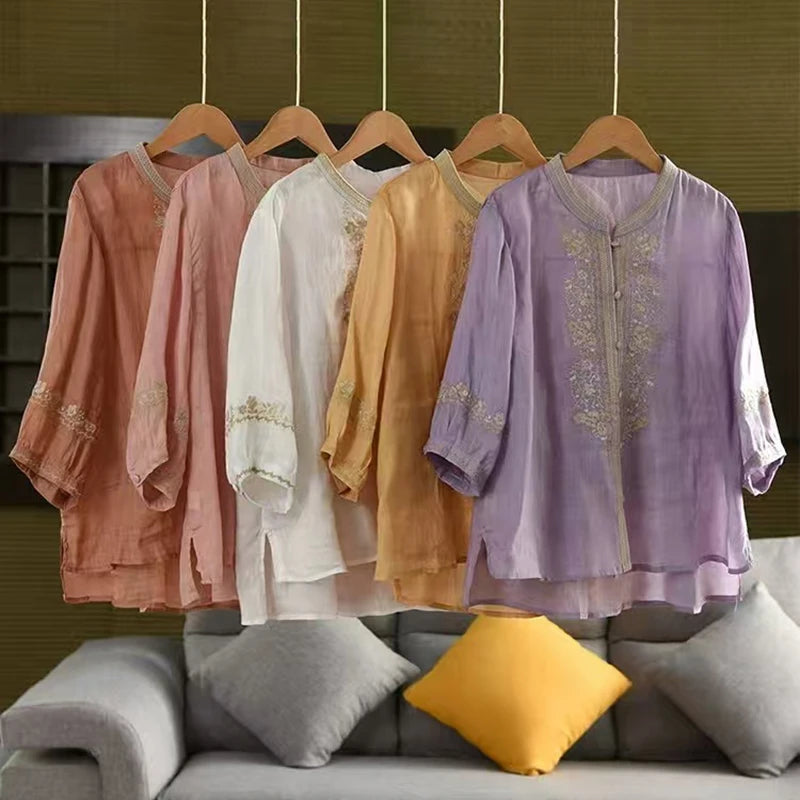 100% Linen Women Casual Shirt New 2025 Summer Vintage Style Stand Collar Floral Embroidery Loose Female Tops Shirts M1593