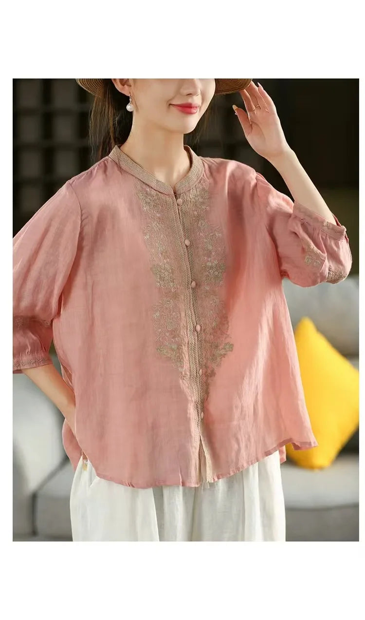 100% Linen Women Casual Shirt New 2025 Summer Vintage Style Stand Collar Floral Embroidery Loose Female Tops Shirts M1593