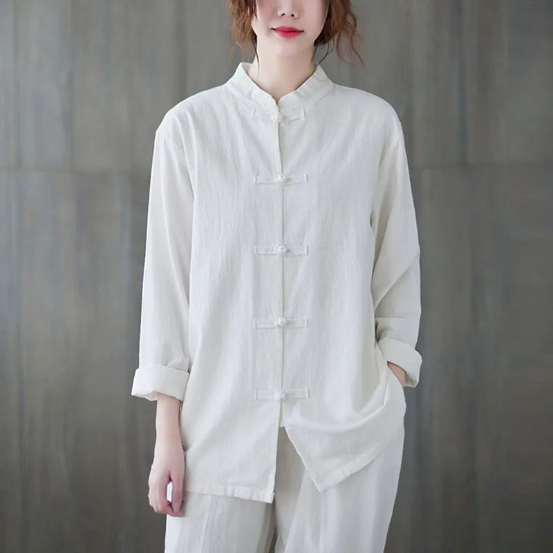 Women Vintage Cotton Linen Casual Shirts New Arrival 2020 Chinese Style Vintage Solid Color Loose Female Long Sleeve Tops S2515