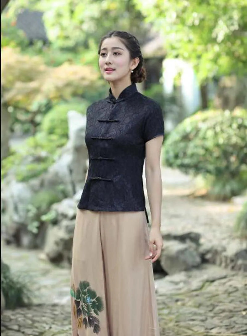 Wholesale Chinese Traditional Women Short Sleeve Jacket Satin Lace Tang Coat Casual T Shirt Slim Tops Blouse Size M L XL XXL 3XL