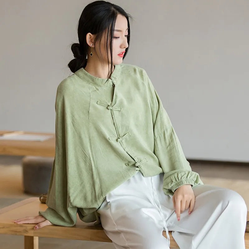 Chinese Style Women Long Sleeve Casual Shirt New Arrival 2024 Autumn Vintage Stand Collar Loose Female Basics Tops Shirts M249