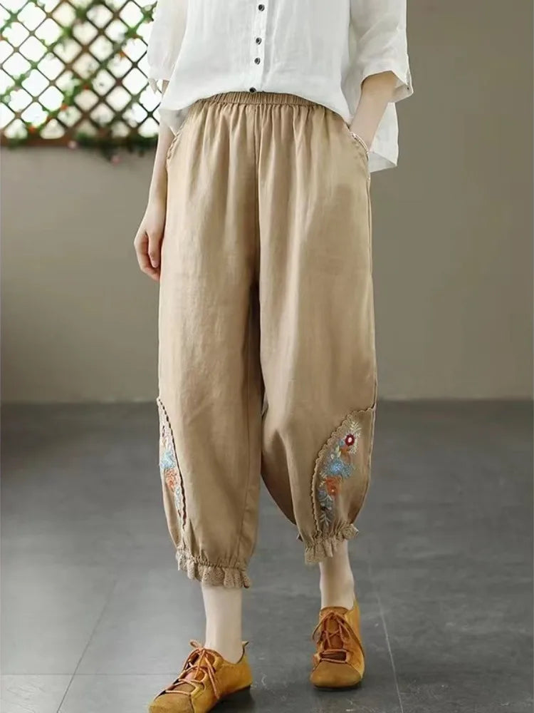 Ele Embroidered Cotton Linen Harem Pants Women's Summer Elastic Waist Slimming Cabbage Pants plus Size Casual Lantern Pants