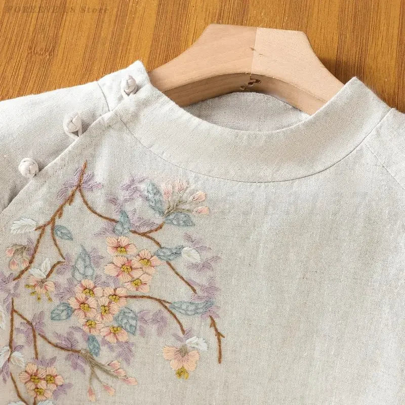 Spring Summer New Chinese Blouse Lady Elegant Artistic Style Shirt Embroidered Hanfu Top Retro Loose Casual Oriental Costumes