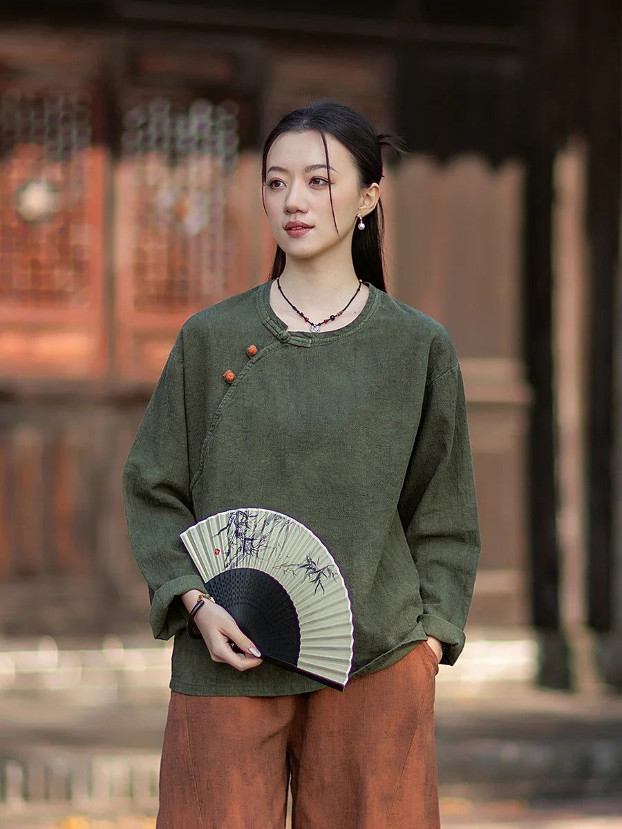Women Long Sleeve Cotton Linen T-shirts New 2026 Spring Chinese Style O-neck Frog Button Loose Female Casual Tops Tees M2353