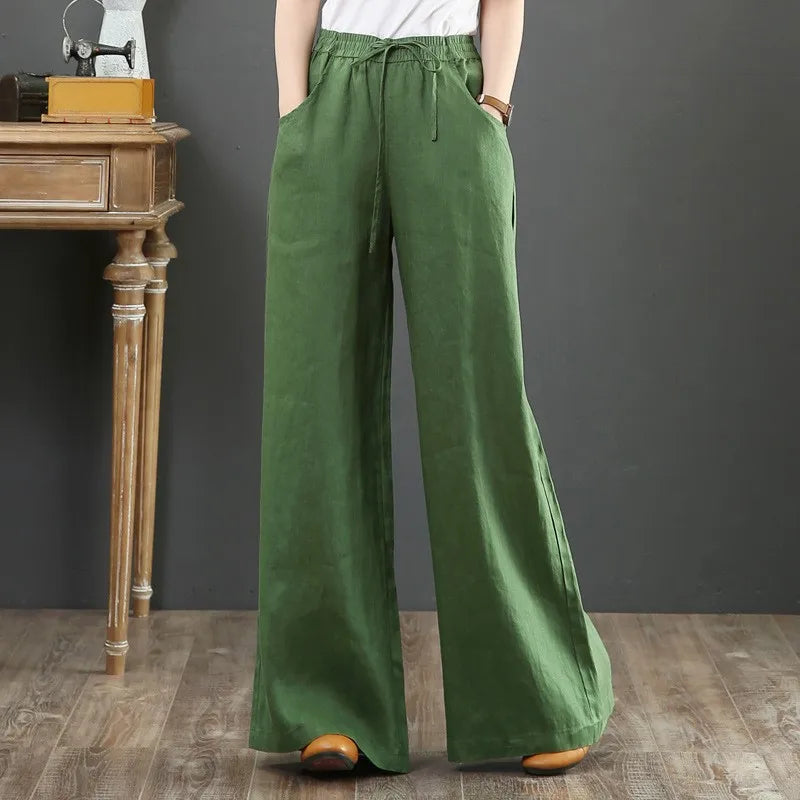 Summer Cotton Linen Wide Leg Pants for Women Straight Leg Pants Casual Straight Pants High Waist Trouses Long Pants with Pockets