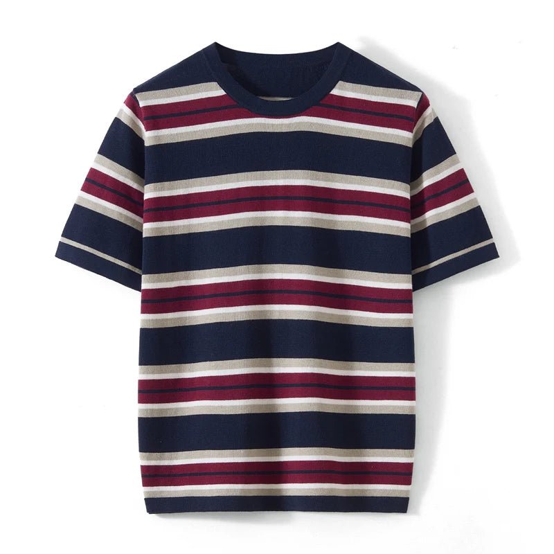 Women's Pure Cotton round Neck T-Shirt Summer Korean Style Loose Large Size Casual Short Sleeve Striped Top Base Blouse