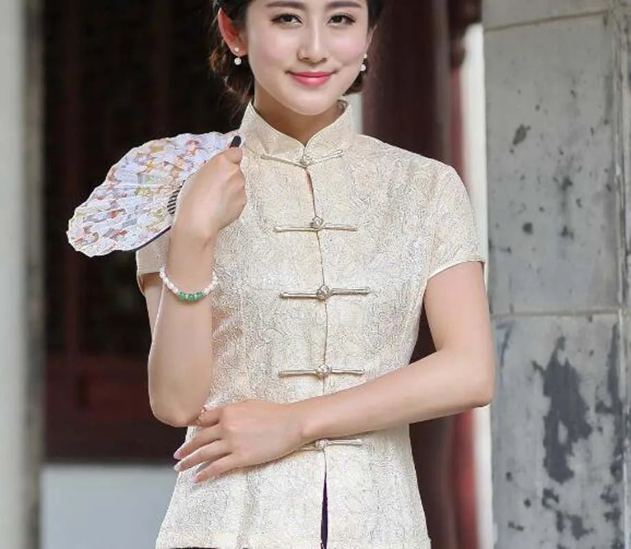 Wholesale Chinese Traditional Women Short Sleeve Jacket Satin Lace Tang Coat Casual T Shirt Slim Tops Blouse Size M L XL XXL 3XL