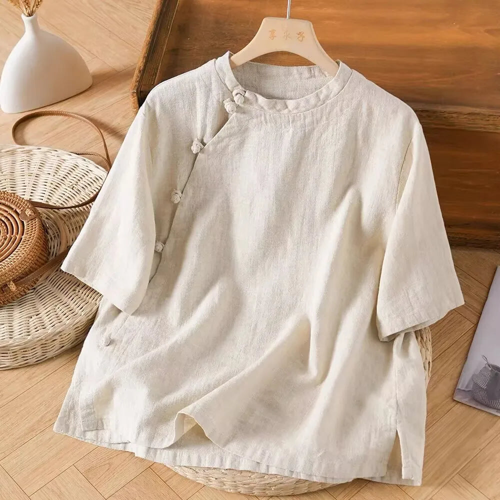 New Chinese Sle Cotton Linen ort Sve irt Women's Summer New Unique Beautiful Tea Costume Side Buttoned Top