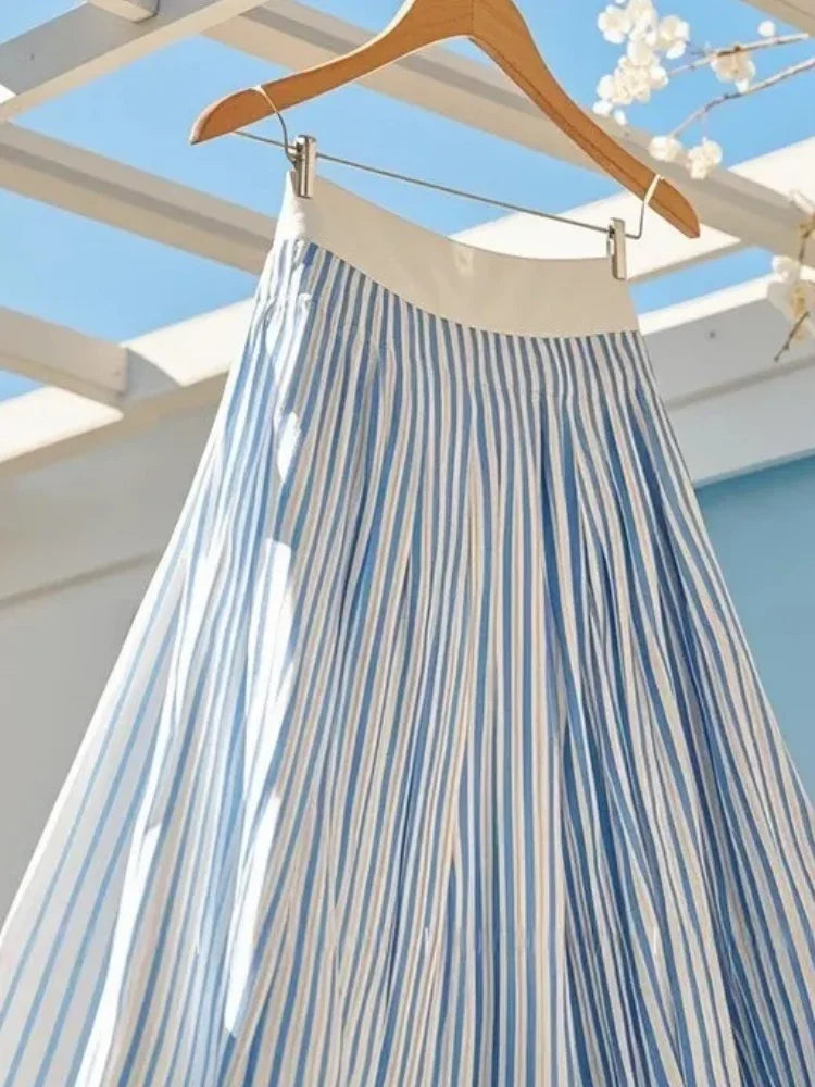 Casual Striped A Line Skirt Women Summer 2025 High Waist Pleated Midi Skirt Slim Fit Korean Chic Office Casual Fashion Outfit