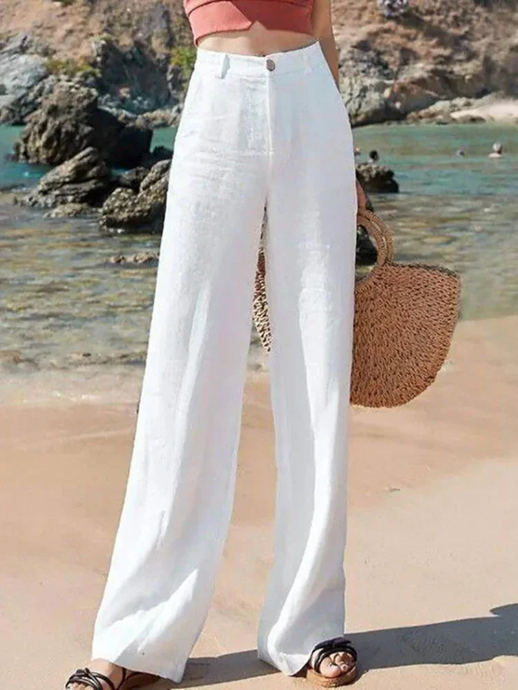 Summer Women's Pants Cotton Linen Wide Leg Pants Full Length Casual Solid White Loose High Waist Straight Trousers Women