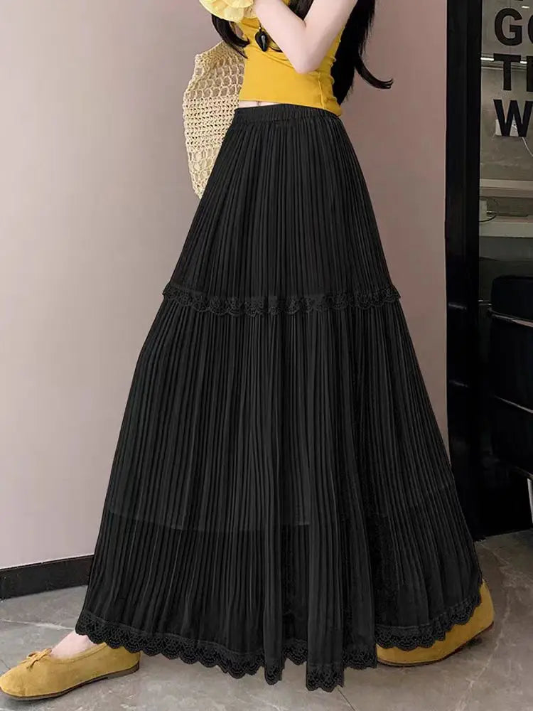 Summer High Waist Chiffon Pleated Skirt - Stretchy A-Line Flowy Midi Skirt with Lace Trim, Slimming Casual Long Skirt for Women