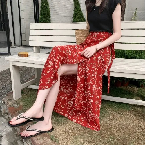 n Sle Midi Skirt Women's Vaion Ethnic Red Floral Print Chiffon Wrap around f Length Skirt Bodycon Sle