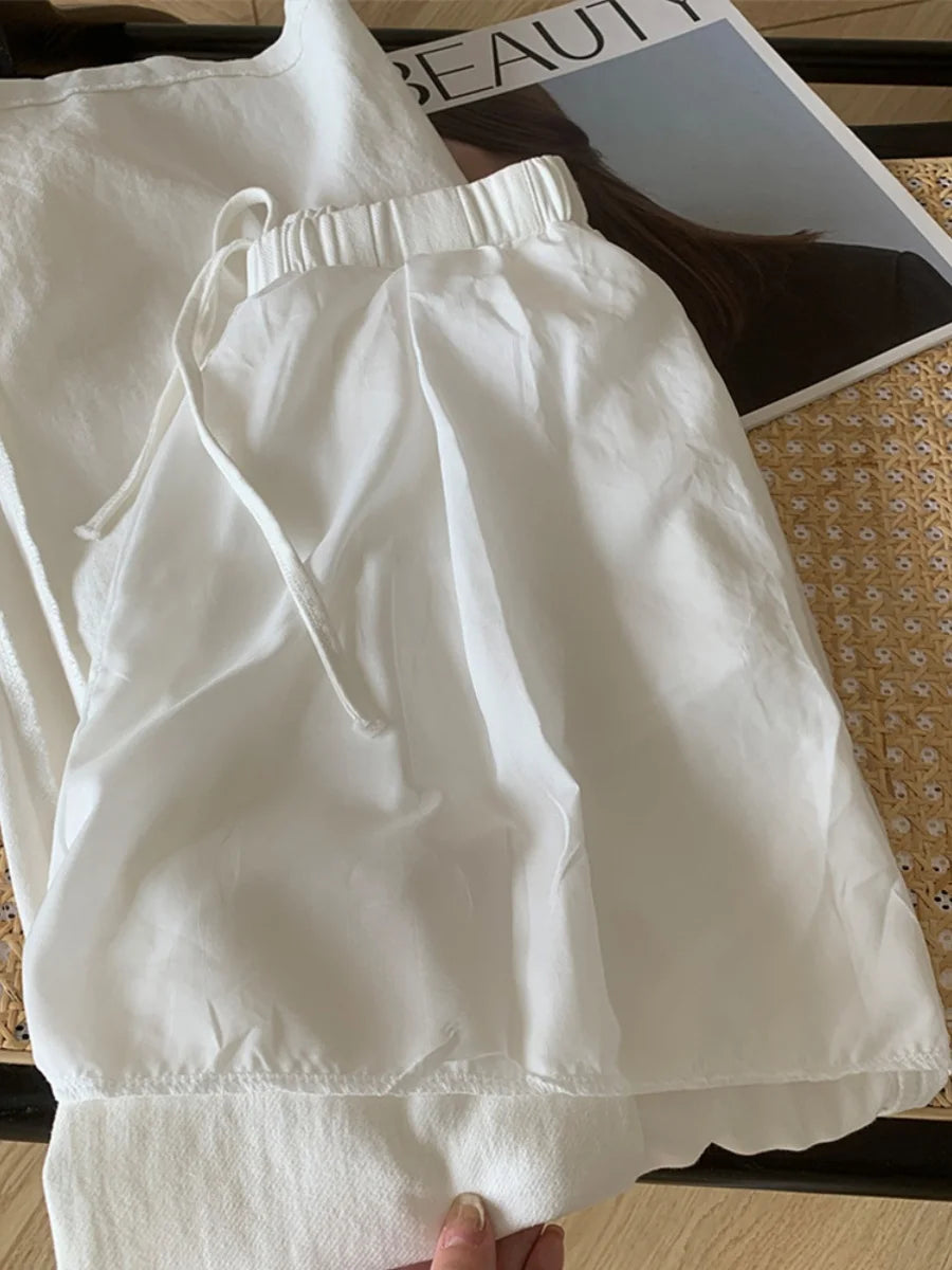 White Cotton and Linen Wide-leg Pants Women's Summer Thin Elastic Waist Versatile Casual Loose Straight Trousers Baggy Pants