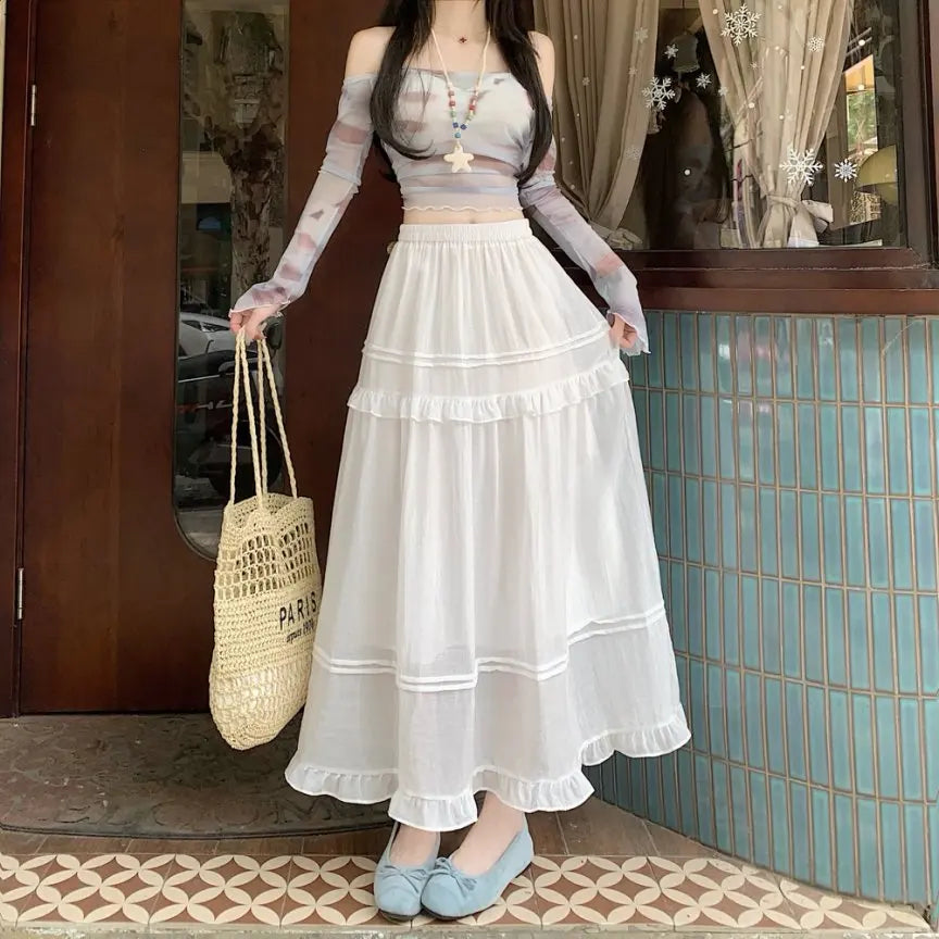 Qiukichonson Pink Summer Skirts Women Goth Cute Frilly Stitching High Waisted A-Line Ruffle Long Midi Chiffon Skirt White Black