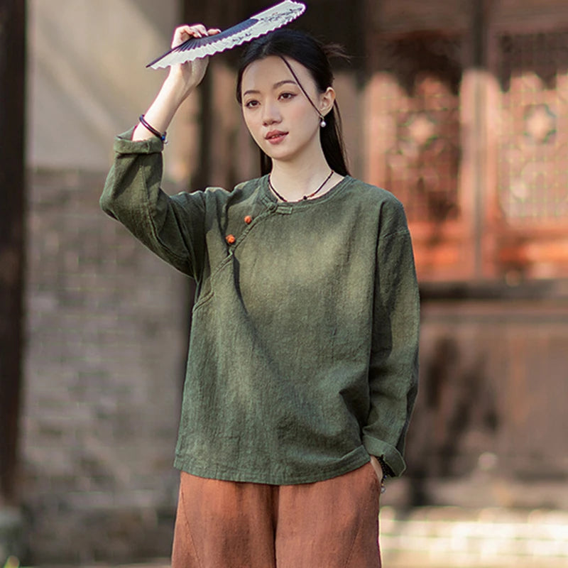Women Long Sleeve Cotton Linen T-shirts New 2026 Spring Chinese Style O-neck Frog Button Loose Female Casual Tops Tees M2353
