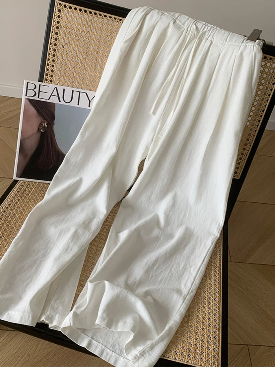 White Cotton and Linen Wide-leg Pants Women's Summer Thin Elastic Waist Versatile Casual Loose Straight Trousers Baggy Pants