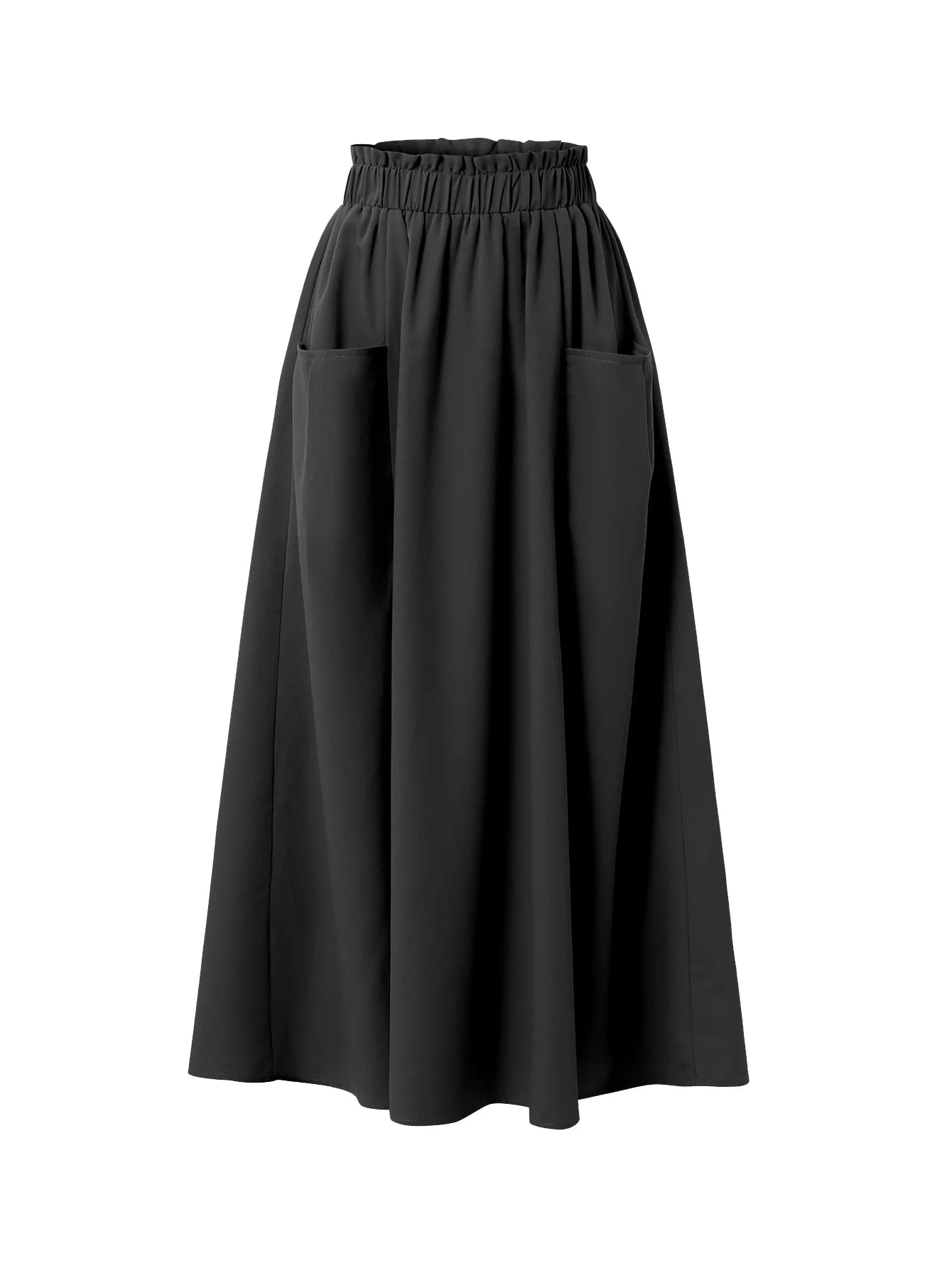 Women's High Waist  Midi Skirt with Pockets - Elastic Waist A-Line Flowy Skirt for Casual and Office Wear