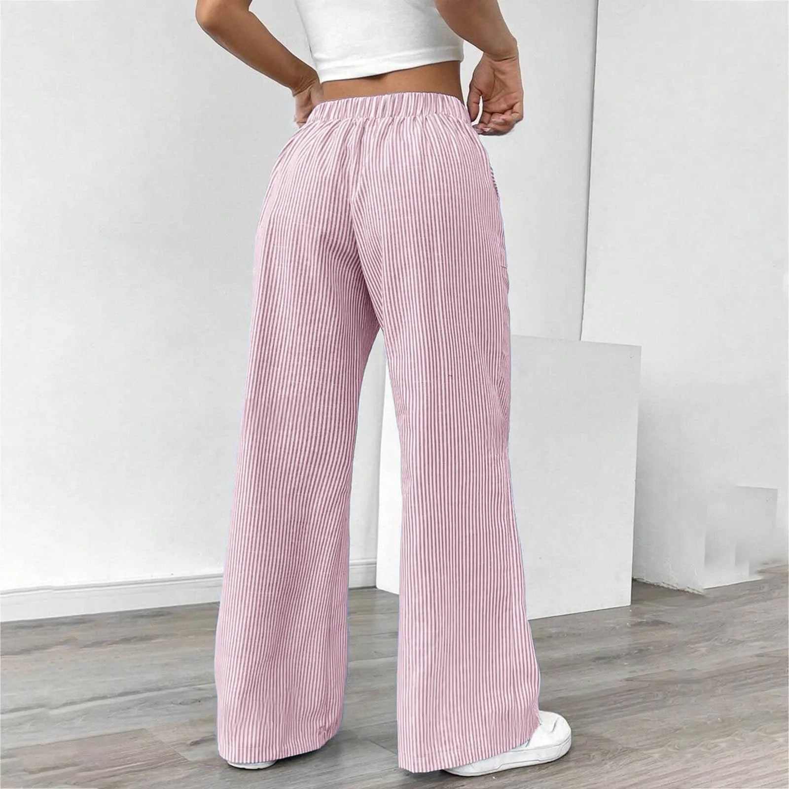 women's fashion Linen Straight Pants Drawstring Elastic high Waist Wide Leg Pants Vertical stripes print Trousers With Pockets