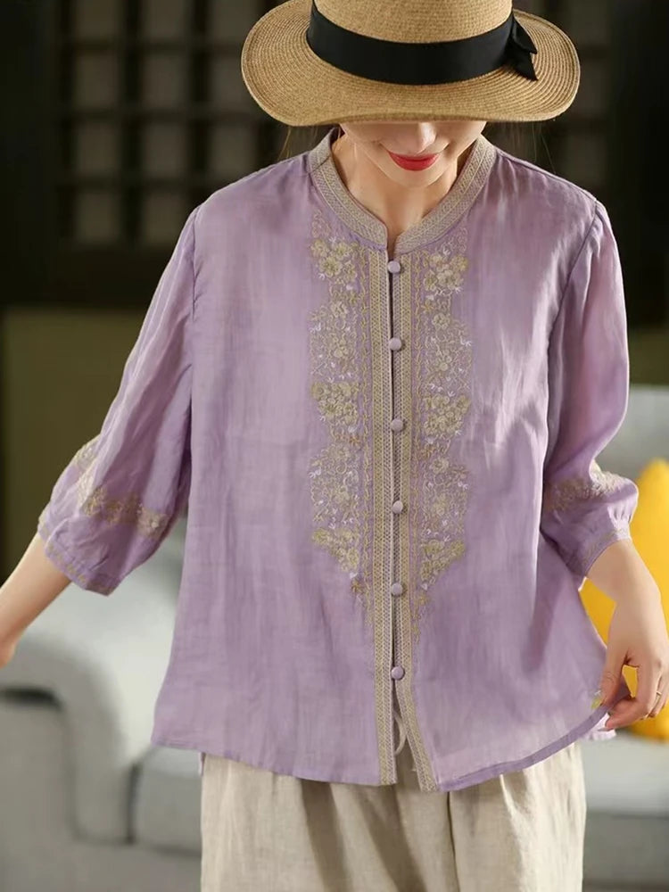 100% Linen Women Casual Shirt New 2025 Summer Vintage Style Stand Collar Floral Embroidery Loose Female Tops Shirts M1593