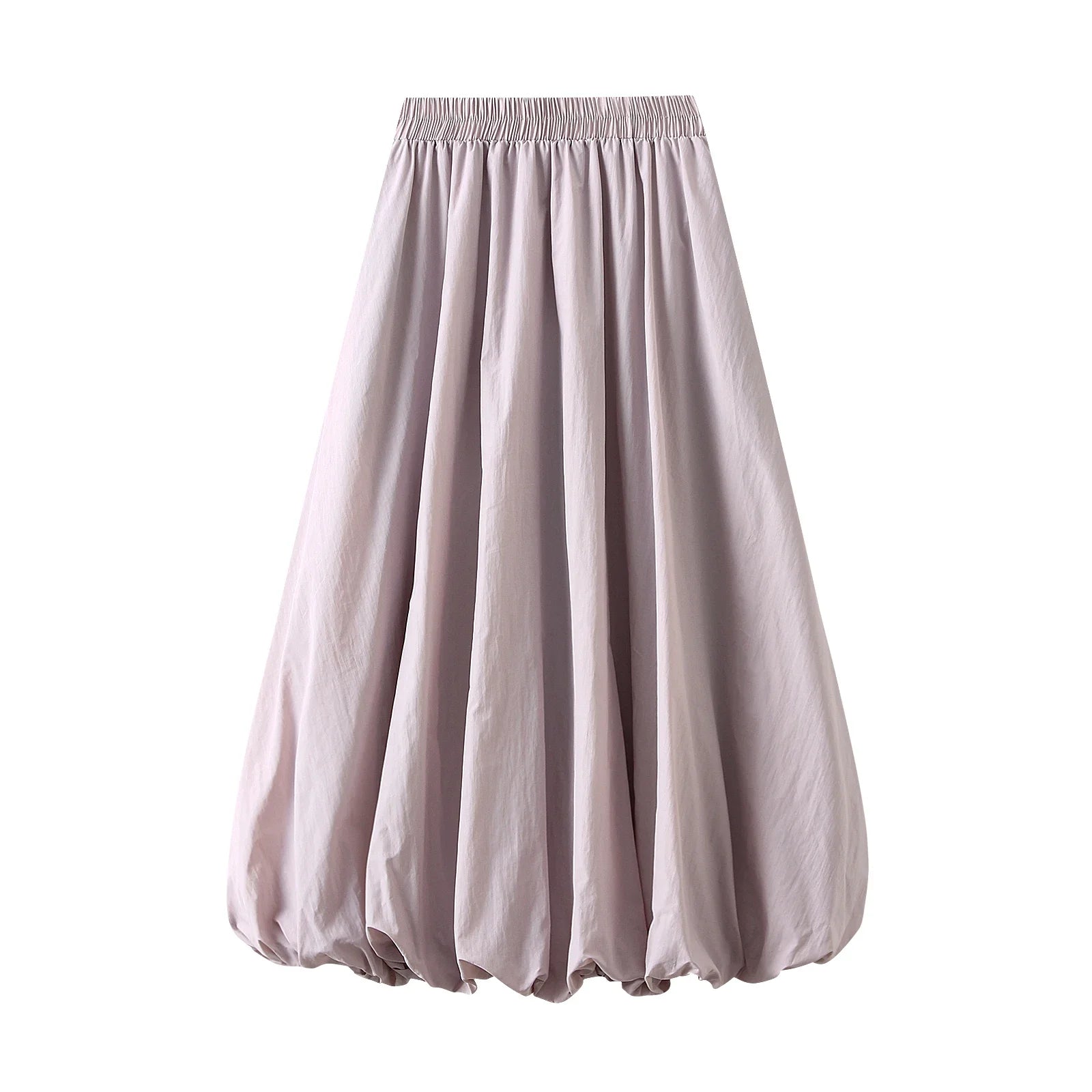 Combhasaki Women's Elegant Elastic High Waist Solid Color A-Line Pleated Puffball Hem Casual Flowy Balloon Bud Midi Skirts