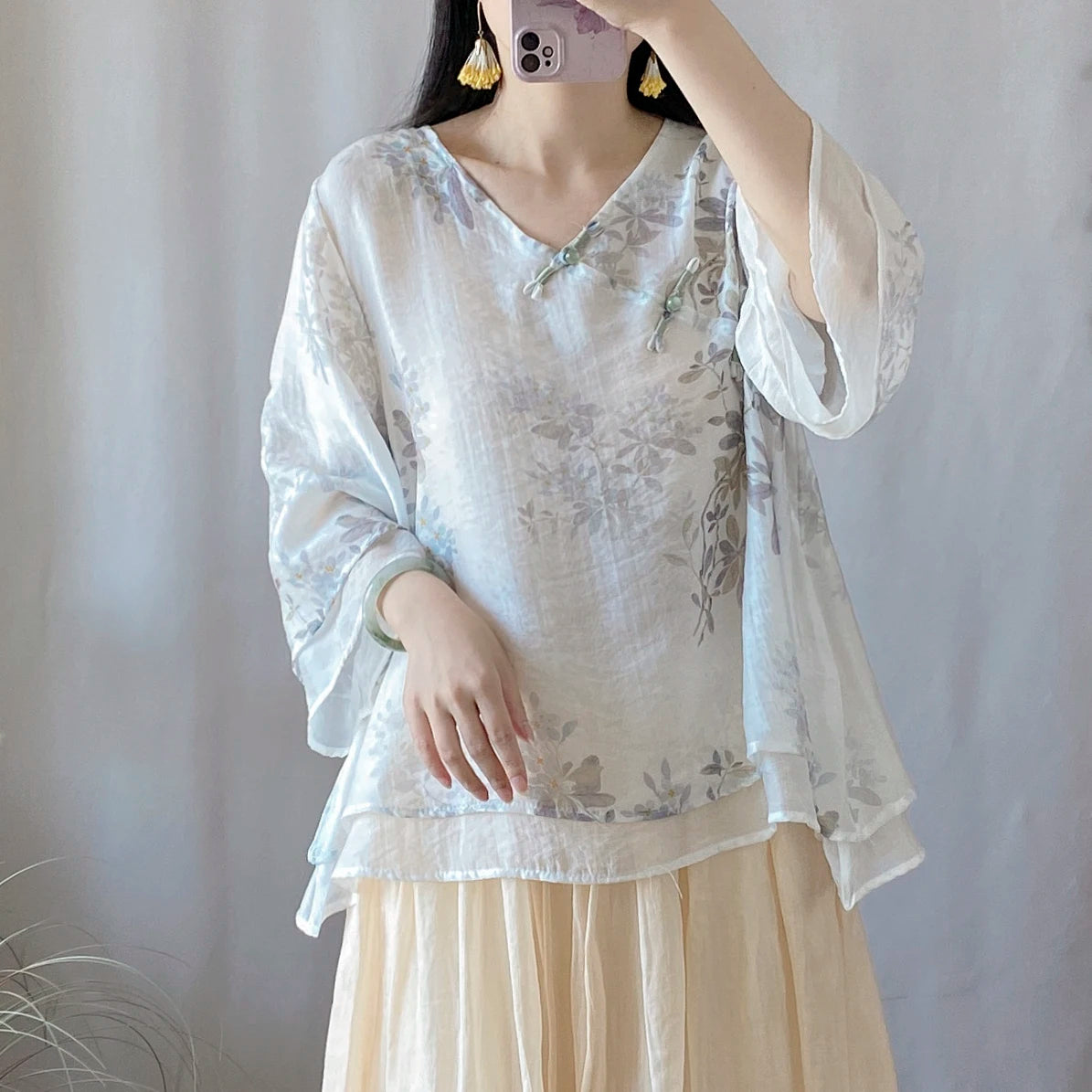 Chinese Zen Style Blouse Women Summer Tencel Linen Blend Loose Fit Double Layer V Neck Pearl Buttons Fashion Top KK634