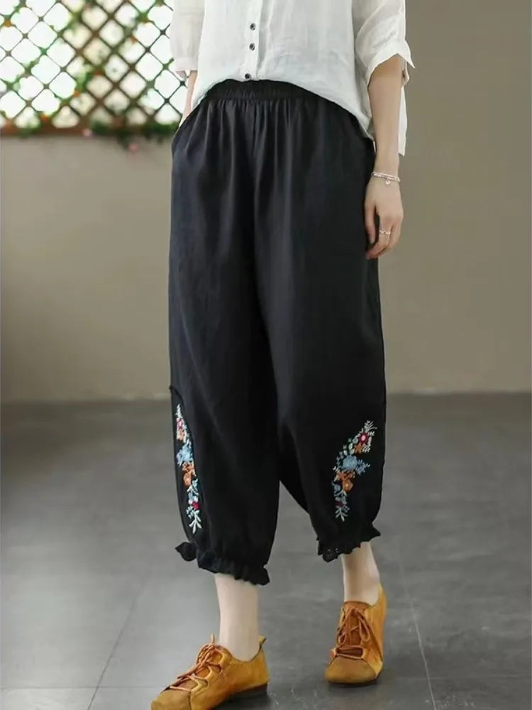 Ele Embroidered Cotton Linen Harem Pants Women's Summer Elastic Waist Slimming Cabbage Pants plus Size Casual Lantern Pants