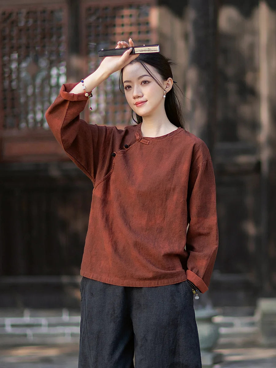 Women Long Sleeve Cotton Linen T-shirts New 2026 Spring Chinese Style O-neck Frog Button Loose Female Casual Tops Tees M2353