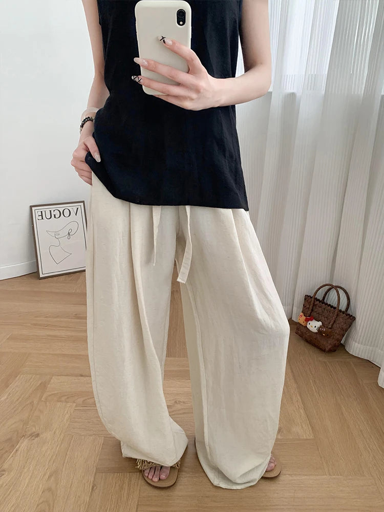 Linen pants with hem, wide-leg pants, women's summer thin, high-waisted, loose, drape, laid-back style Yamamoto pants