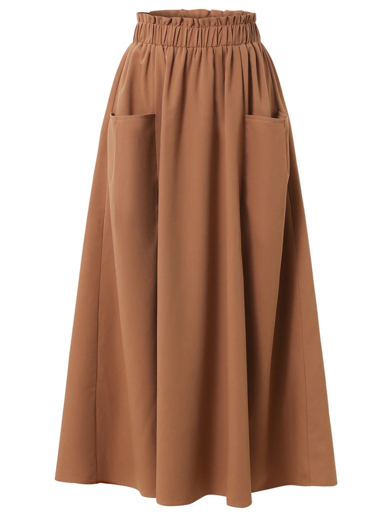 Women's High Waist  Midi Skirt with Pockets - Elastic Waist A-Line Flowy Skirt for Casual and Office Wear