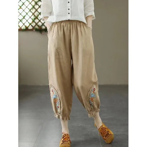 Ele Embroidered Cotton Linen Harem Pants Women's Summer Elastic Waist Slimming Cabbage Pants plus Size Casual Lantern Pants