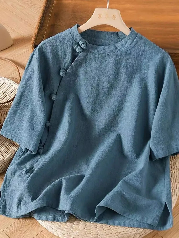 New Chinese Sle Cotton Linen ort Sve irt Women's Summer New Unique Beautiful Tea Costume Side Buttoned Top