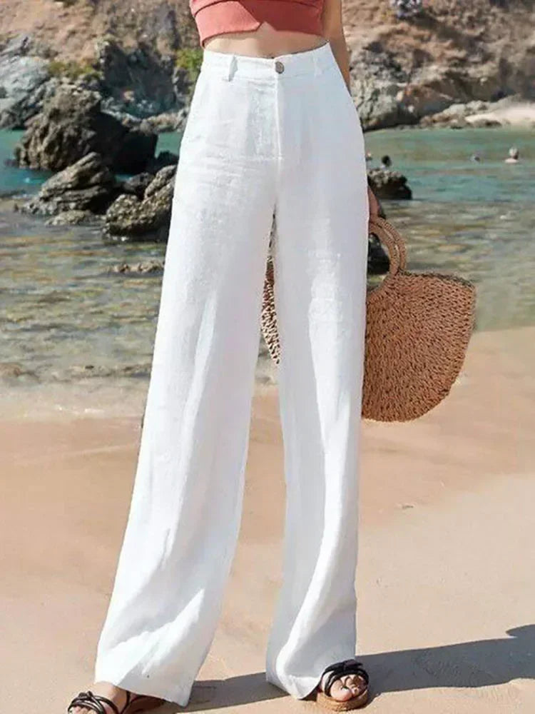 Summer Women's Pants Cotton Linen Wide Leg Pants Full Length Casual Solid White Loose High Waist Straight Trousers Women