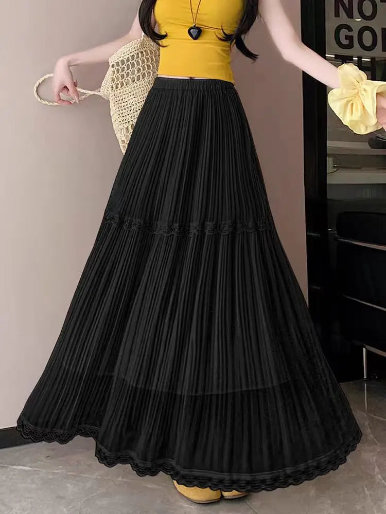 Summer High Waist Chiffon Pleated Skirt - Stretchy A-Line Flowy Midi Skirt with Lace Trim, Slimming Casual Long Skirt for Women