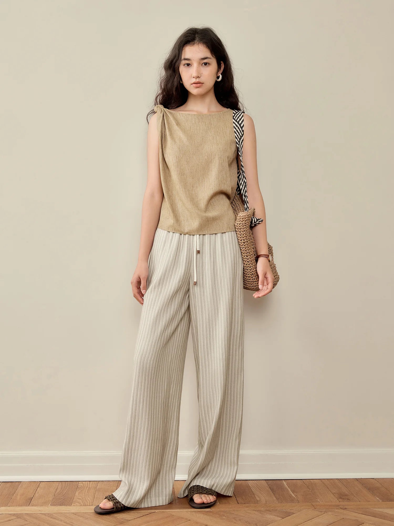 ZIQIAO 2025 Women's Elastic-Waist Wide-Leg Pants - Artistic Stripe & Fluid Drape Silhouette Casual Loose Pants 25ZQ92277