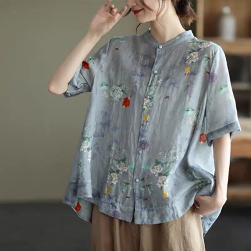 Women Cotton Linen Casual Shirts New Arrival 2021 Summer Vintage Floral Print Loose Female Short Sleeve Tops B733