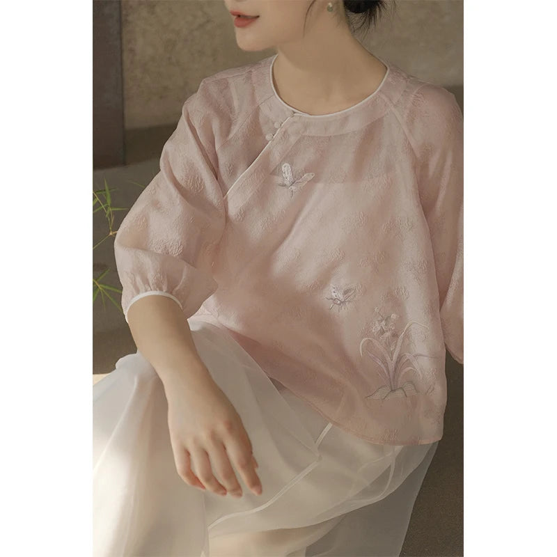 Ele Pink Embroidered ort Top for Women Vintage Chinese Sle Floral Tissue Gentle Spring Summer New Arrival Ladies' Clo...