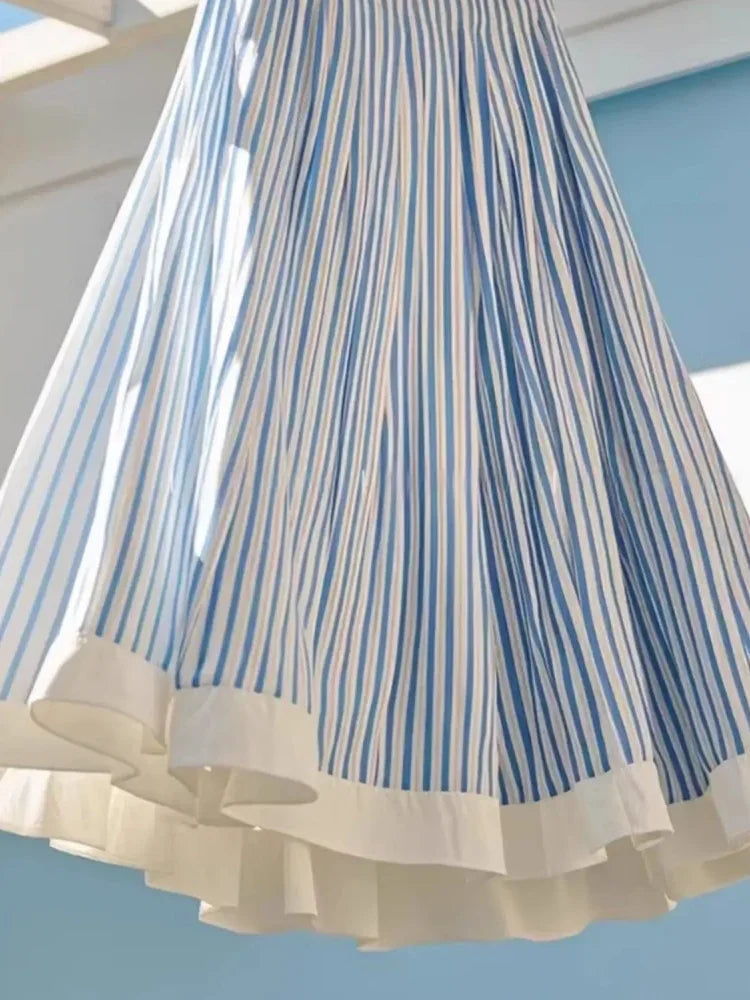 Casual Striped A Line Skirt Women Summer 2025 High Waist Pleated Midi Skirt Slim Fit Korean Chic Office Casual Fashion Outfit