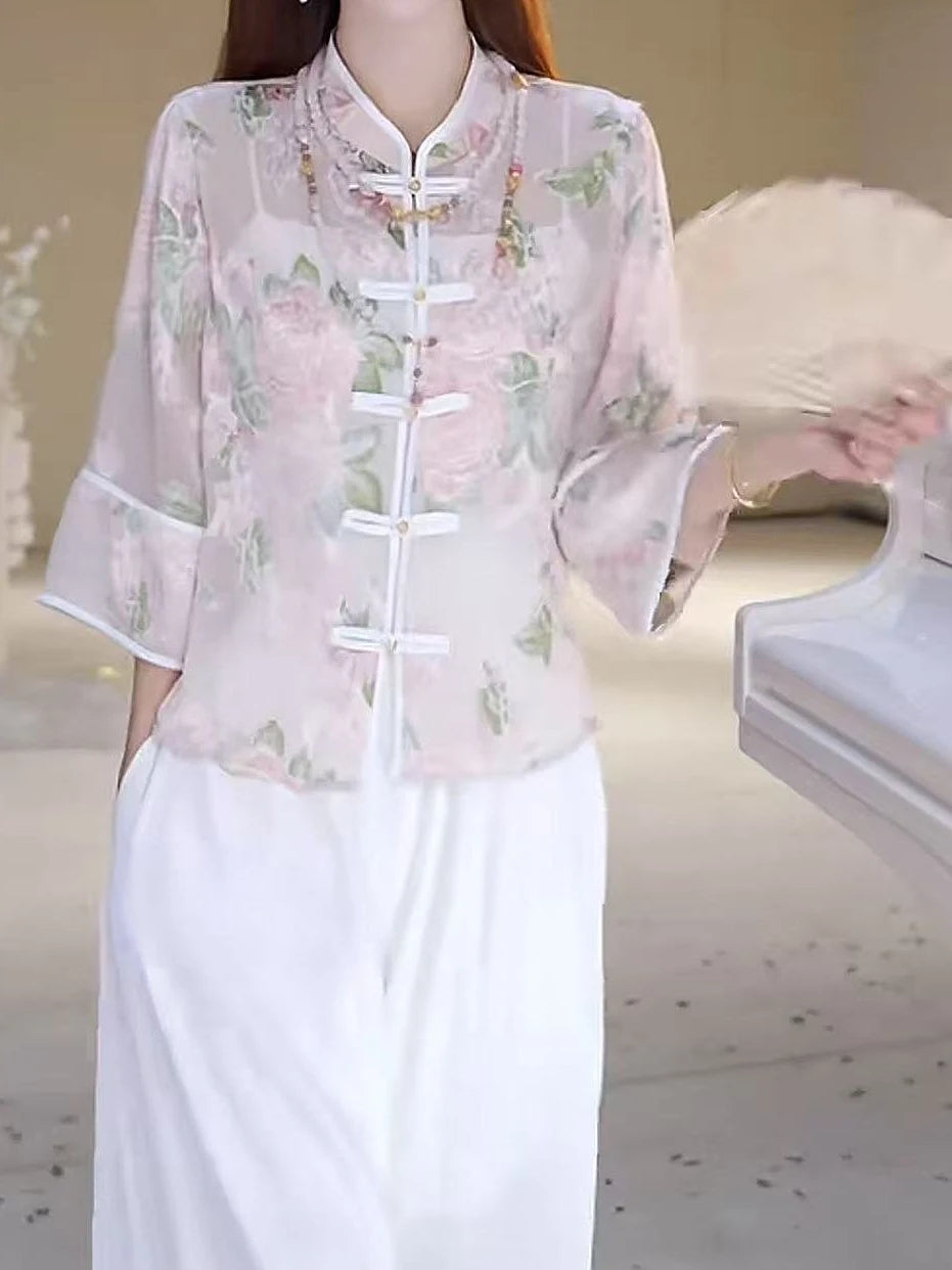 New Chinese Sle Thin awl Coat Button up irt Women Summer National Sle Sun Protection Light Veil Outerwear