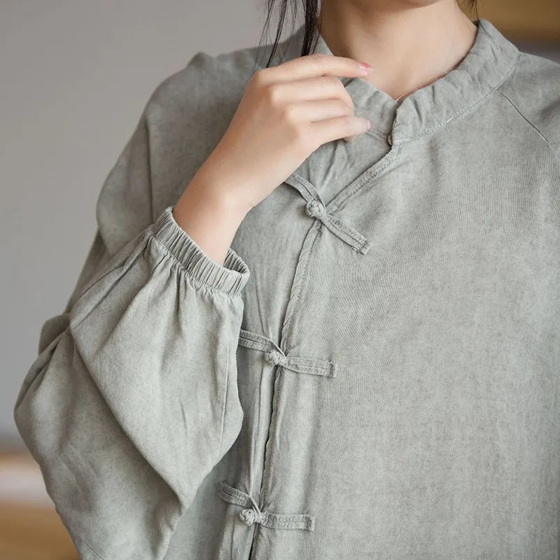 Chinese Style Women Long Sleeve Casual Shirt New Arrival 2024 Autumn Vintage Stand Collar Loose Female Basics Tops Shirts M249