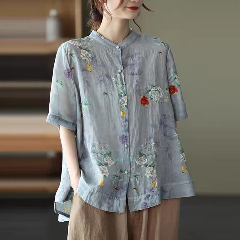 Women Cotton Linen Casual Shirts New Arrival 2021 Summer Vintage Floral Print Loose Female Short Sleeve Tops B733